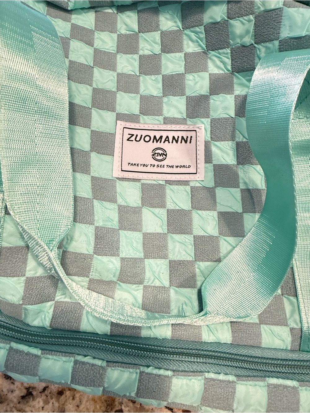 Checkered duffle bag teal gray travel gym school multi pockets - Picture 13 of 15